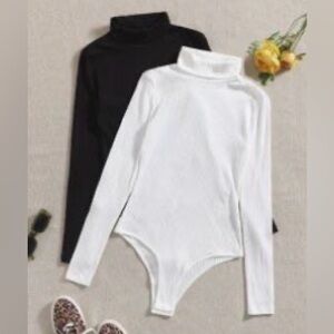 SHEIN Turtleneck Ribbed Knit Bodysuit Black and White